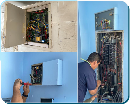 A collage of photos with electrical work being done.