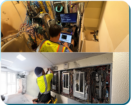 A split photo of two men working on electrical wiring.