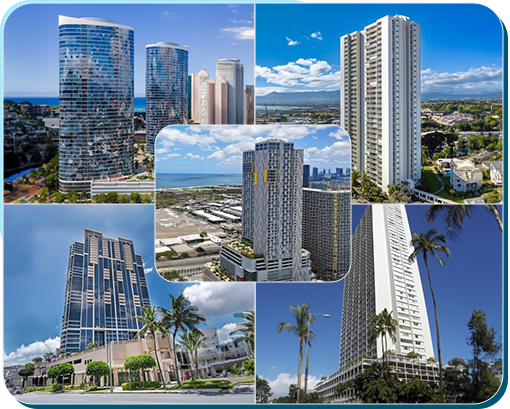 A collage of different buildings in the city.